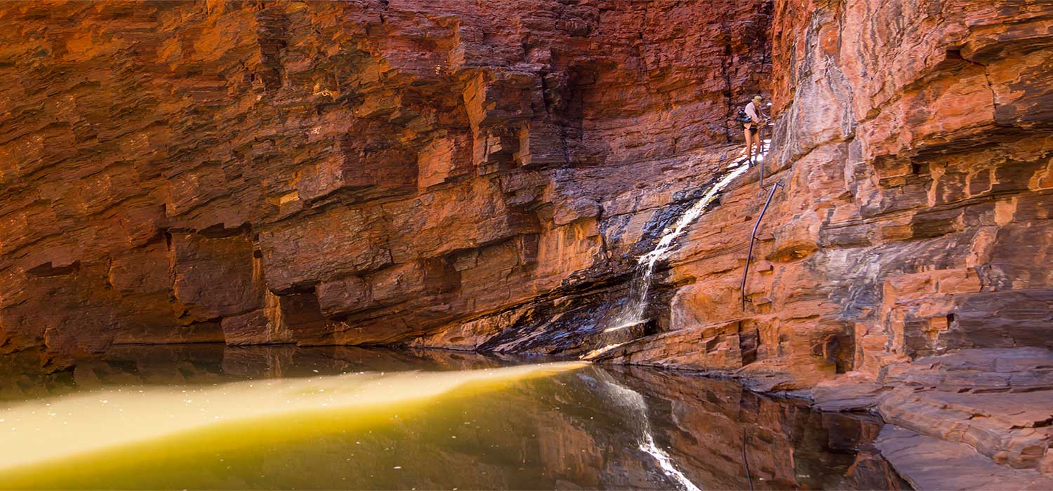 Climbing down into Handrail pool in Weano gorge