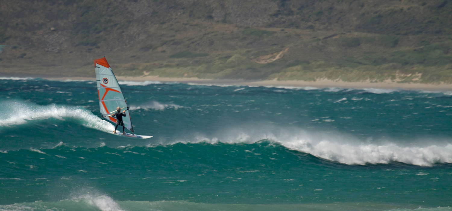Bob Caddell windsurfing at Marrawah surf beach close to the Arthur River